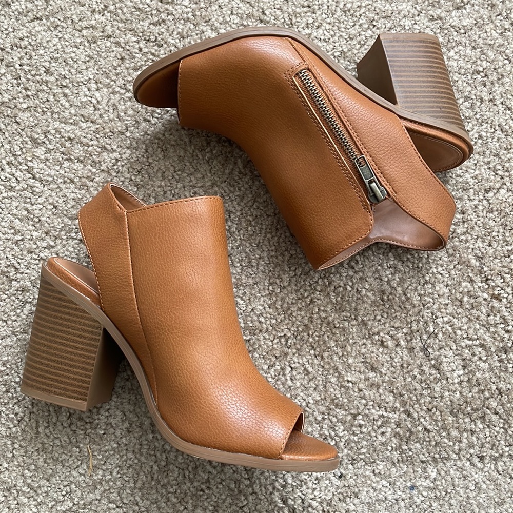 Brand new open tow cognac booties